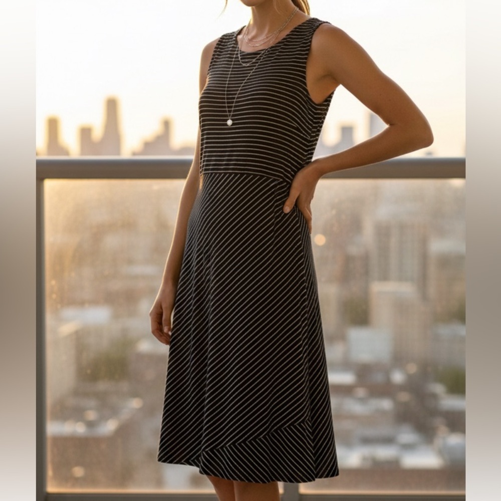 Athleta Black and White striped Sleeveless‎ Dress size M casual summer soft